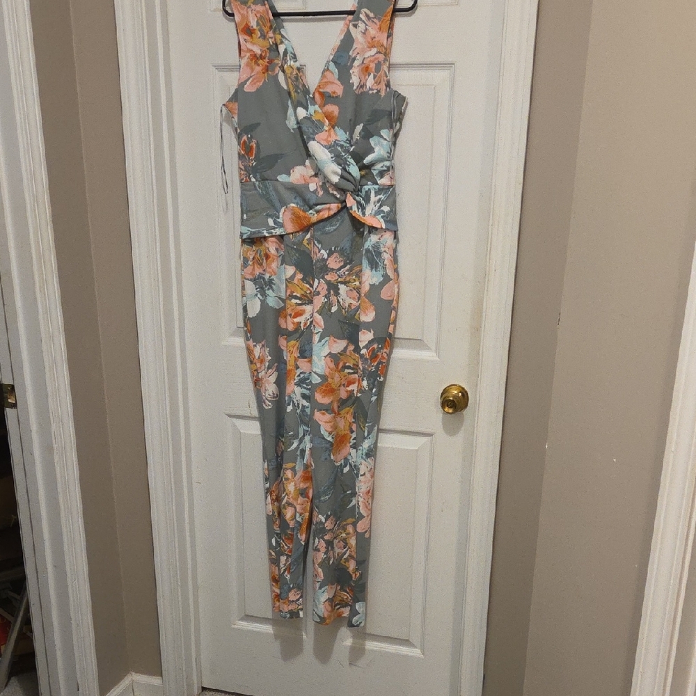 Spense Floral Wrap  Jumpsuit - Sage and Orange